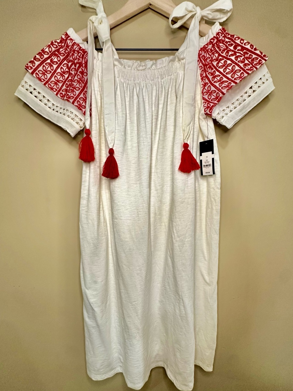 NWT Crown & Ivy White Red Embroidered Tassel Midi Dress Size M